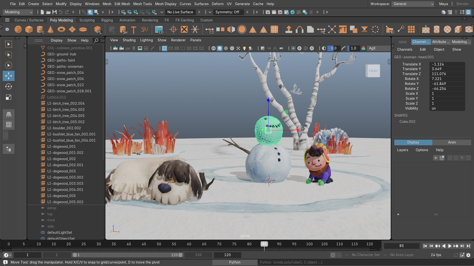 Maya mode: Blender with the Maya layout — menu bar, Status Line, Shelf, Tool Box, Outliner, Channel Box — on the DOGWALK scene.
