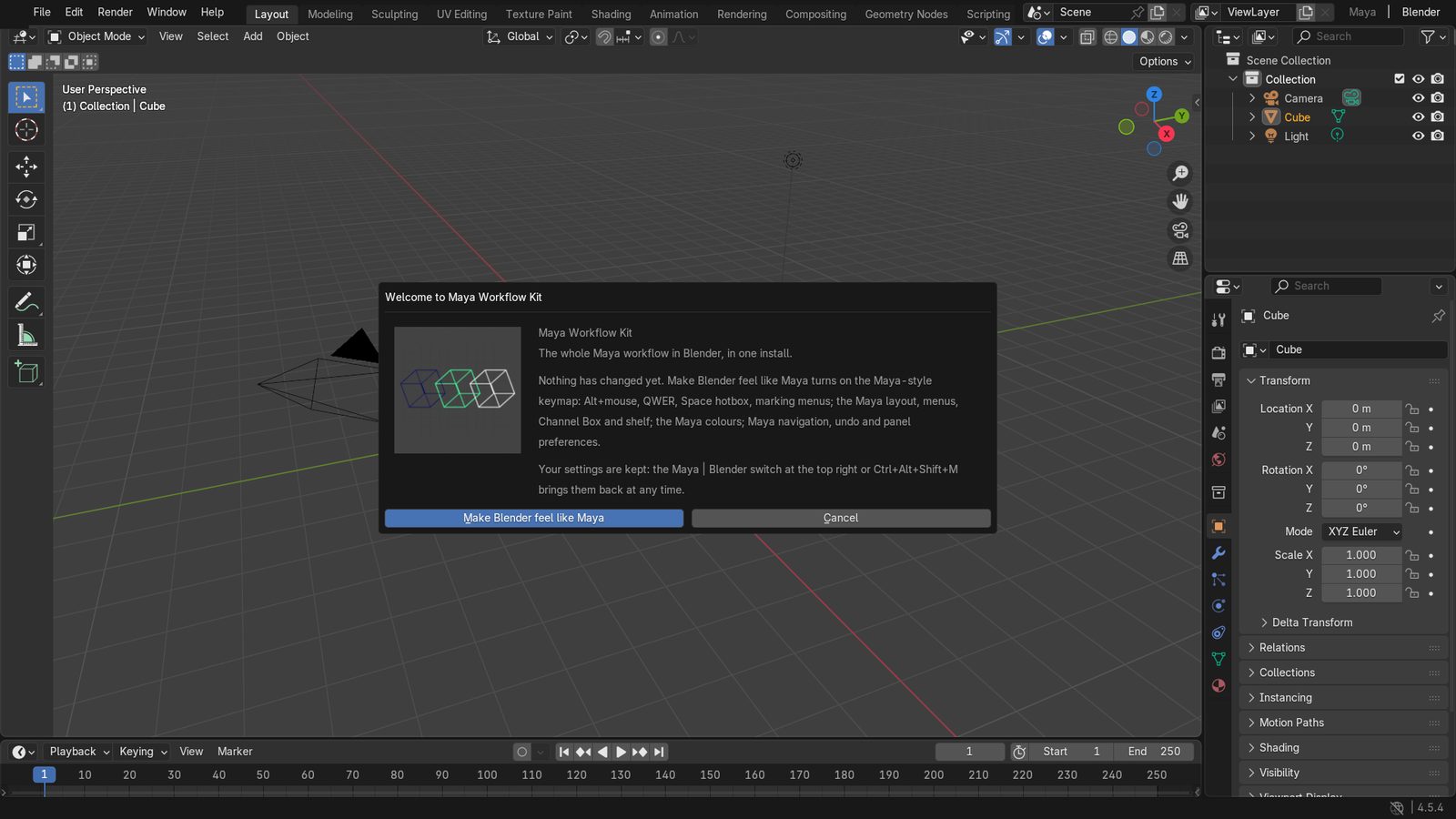 Plain Blender, as installed: Blender's own layout, keymap and theme, with the welcome dialog and the Maya&nbsp;|&nbsp;Blender switch.